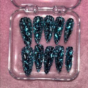 Teal Crystal Embellished Stiletto Press-On Nails